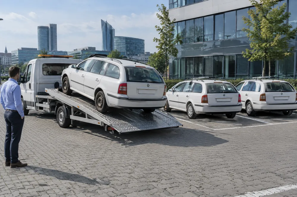 Odtahovka nakládá bílou Škodu Octavii combi z firemní flotily na parkovišti u kancelářské budovy