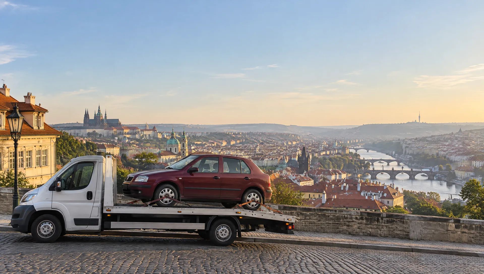 Bílá odtahovka se Škodou Fabií na dlážděné ulici na Hradčanech, pod ní panorama Prahy s Vltavou a mosty
