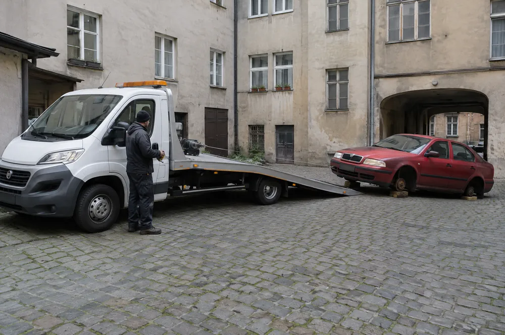 Bílá odtahovka do 3,5 t couvá k červené Škodě Octavii bez předních kol ve dvoře pražského činžáku